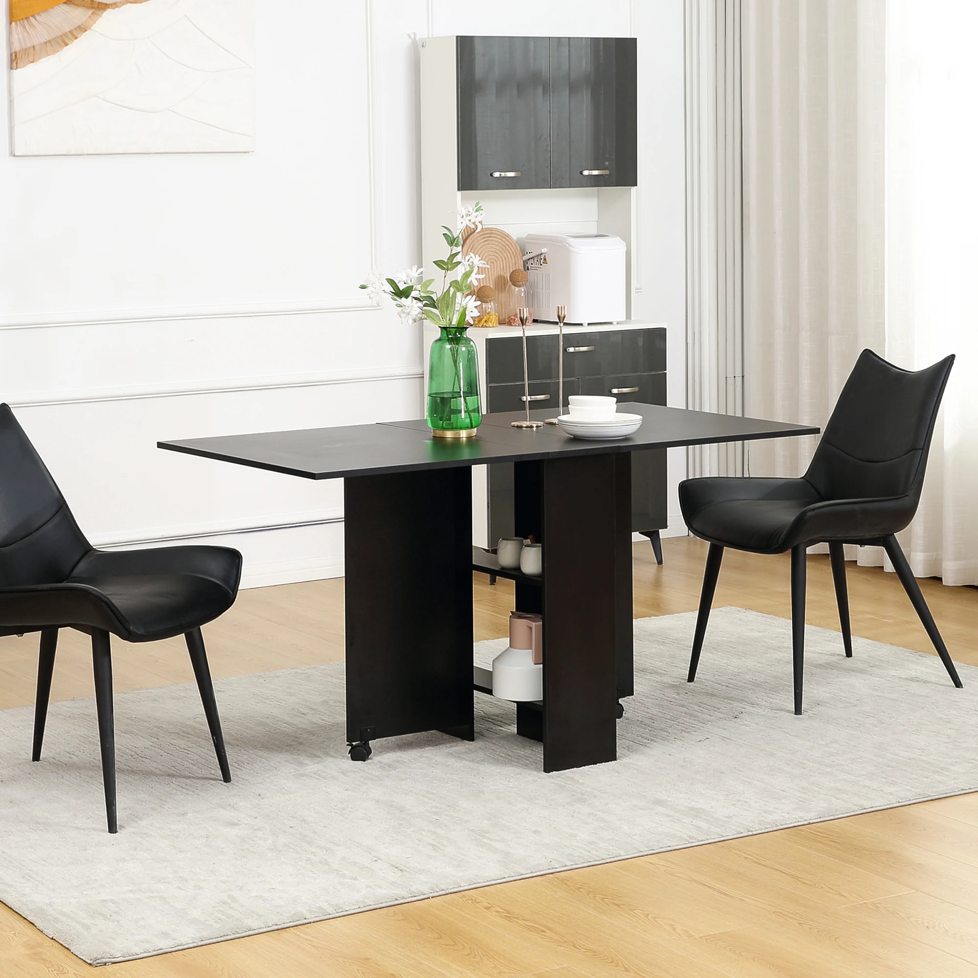 HOMCOM folding dining table with 2 wheels and 2 shelves 75x140x74 cm black