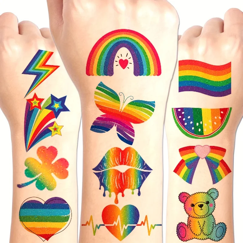 15pcsGlitter Rainbow Temporary Tattoo Stickers Pride Month Butterfly Heart Rainbow Party Favors for Pride Day Parade and Holiday