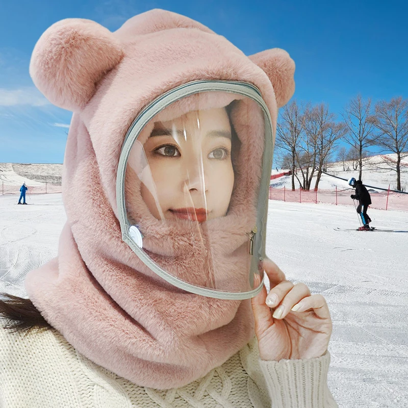 

Windproof Hat with Mask for Women Winter Thick Warm Pullover Hat with Bear Ears Riding Electric Bike Versatile Plush Hat
