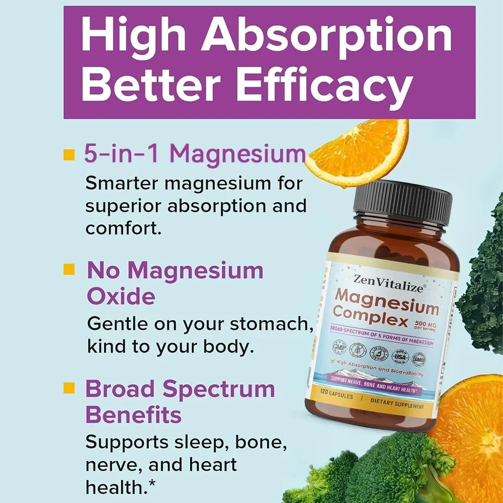 Magnesium Glycinate Complex 5 in 1 -  Added Magnesium Glycinate, Citrate, Aspartate & Gluconate | 120 Vegan Capsules