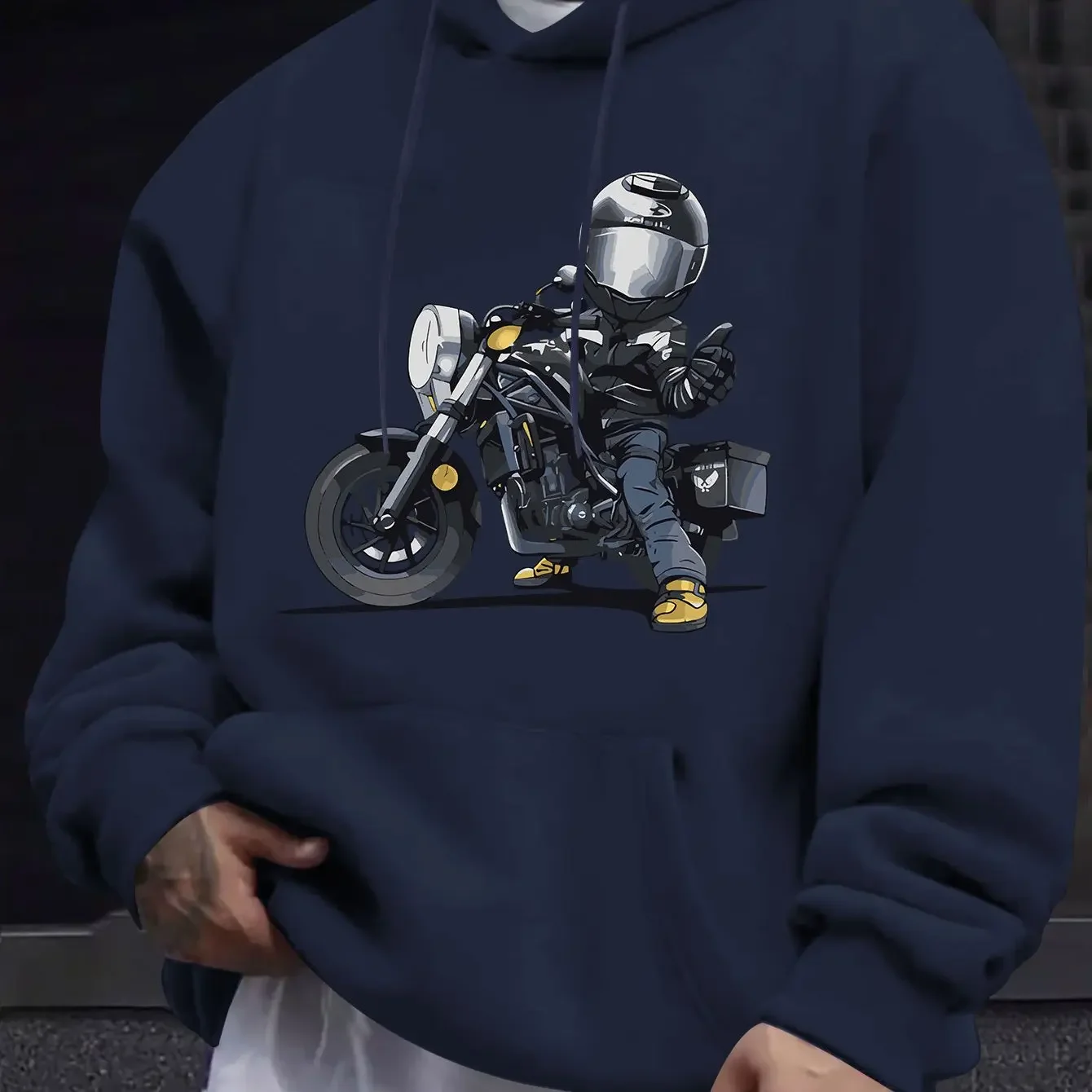 Sudadera con Capucha Estampada para Hombre, Otoño Invierno, Manga Larga, Estilo Motociclista, Estampado Oscuro