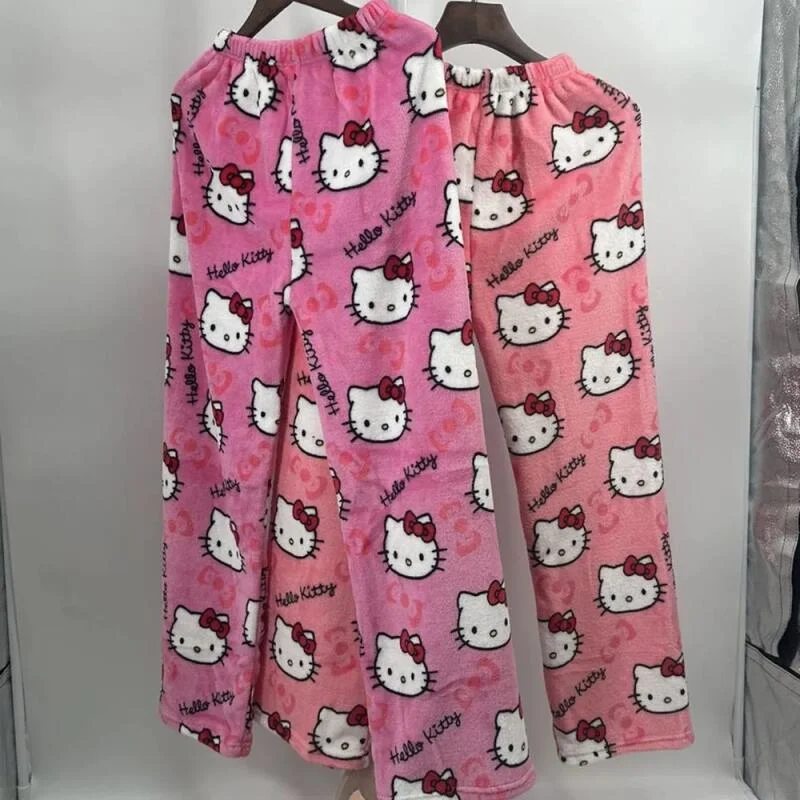 Hello Kitty Cartoon Pajamas Pants Christmas Flannel Y2K Trousers Women Girl Kawaii Anime Cartoon Casual Homewear Winter Clothing