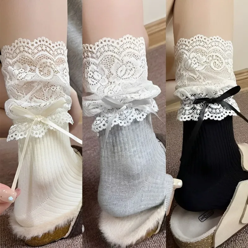 Women Lace Trim Socks Mid Calf Spring Summer Thin Calf Socks Ballet Style Stacking Stocking Comfortable Breathable Soft Socks