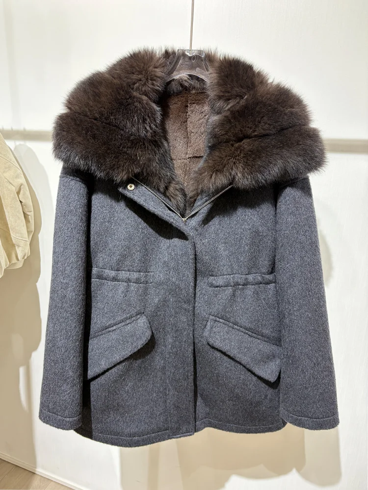 2026 Women Wool Blend Jacket Natural Fox Fur Collar Real Rabbit Fur Lining Winter Warm Parka Coat