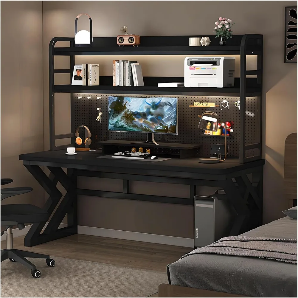 

Desk with Pegboard and Storage Shelves, Computer Desk with Home Office Design, Modern Office Desk with Spacious Computer