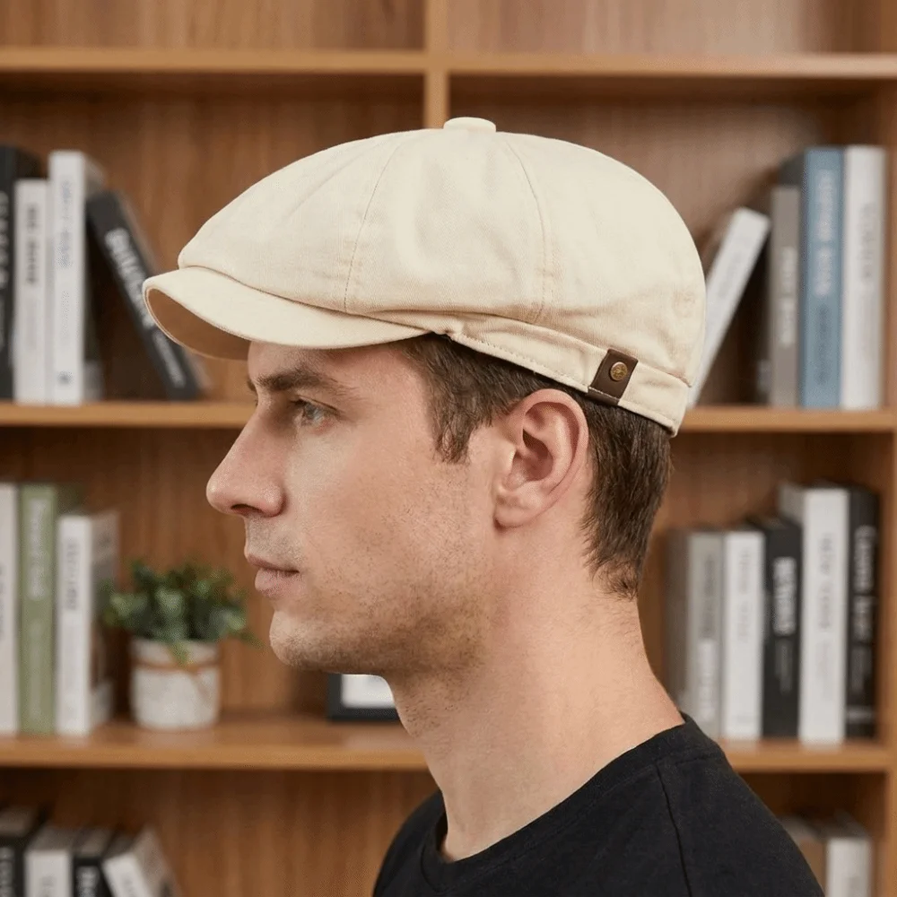 Solid Color Newsboy Cap Cotton Breathable Men Painter Hat Short Curved Brim Side Metal Snap Button Octagonal Hat