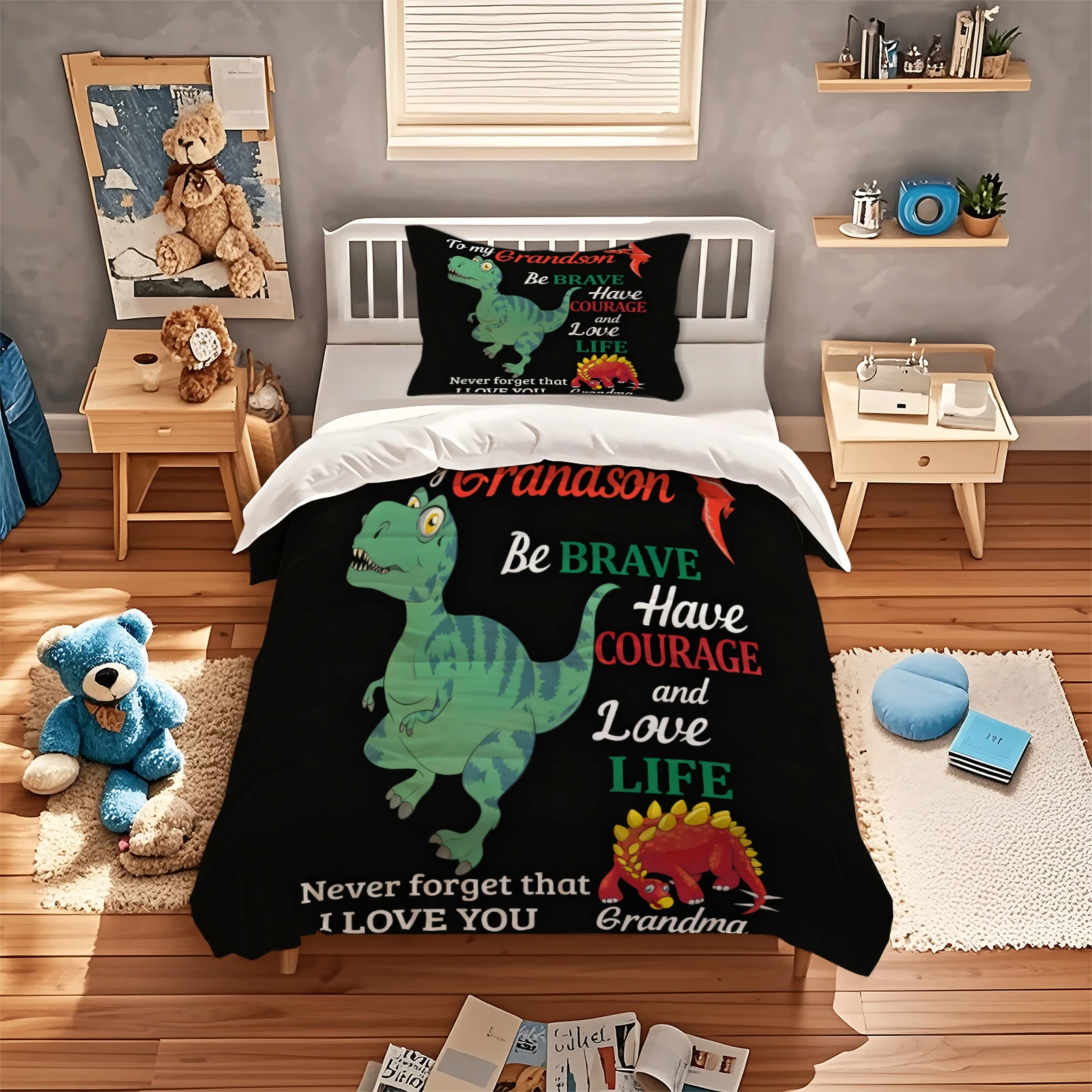 Dinosaur To My Grandson Be Brave Have Courage Duvet‑Cover Set Black Background Print Polyester Bedding Set Quilt Cover Bedroom