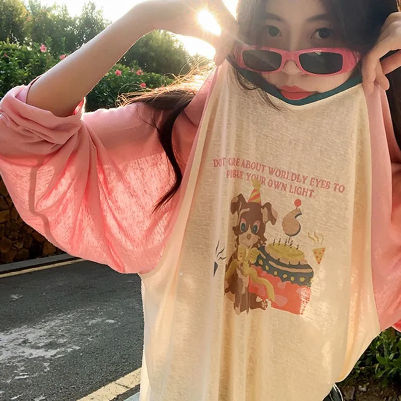 Japanese Y2k Kawaii Long Sleeve Pink T-shirts Women Korean Style Cute Cartoon Patchwork Tees Sweet Oversized Loose Tops 2024