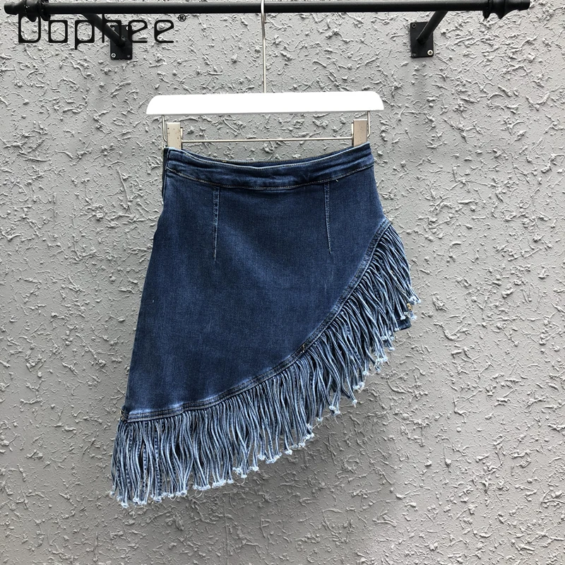 Fashion Denim Short Skirt Irregular Tassel Korean Style High Waist Wrap Hip Jeans Skirt Zipper Side Casual Summer Mini Skirt