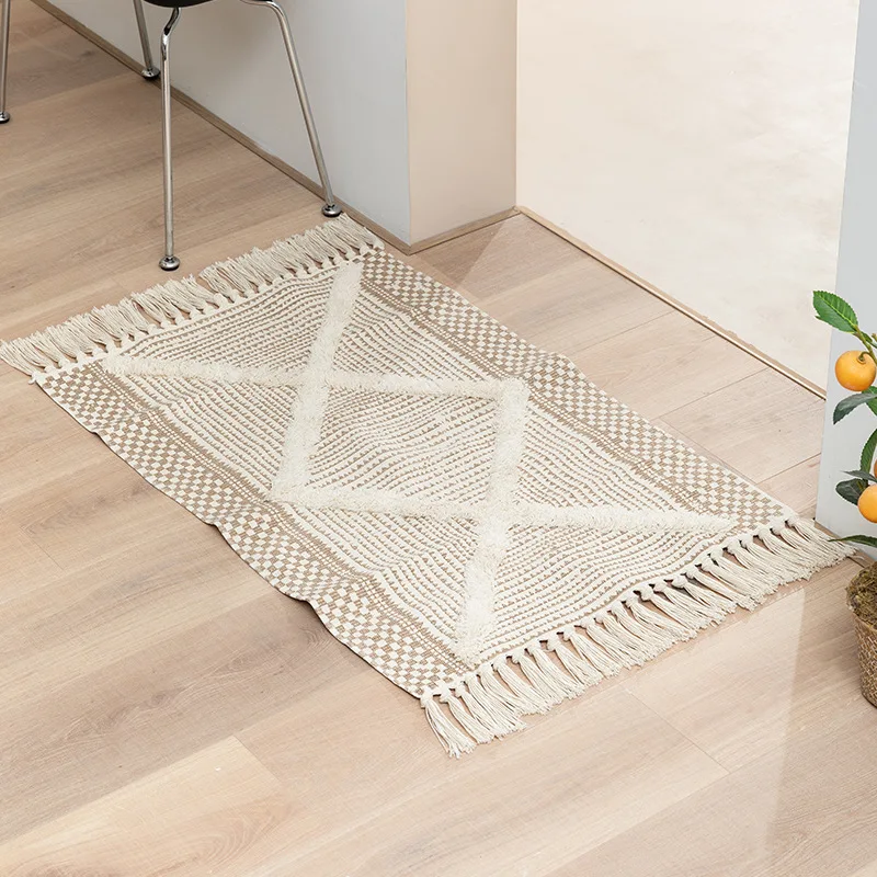 Handmade Tassel Mat Nordic Moroccan Style Bedroom Rug Geometric Pattern Tassel Tufted Living Room Bedside Cushion Tapis Cuisine