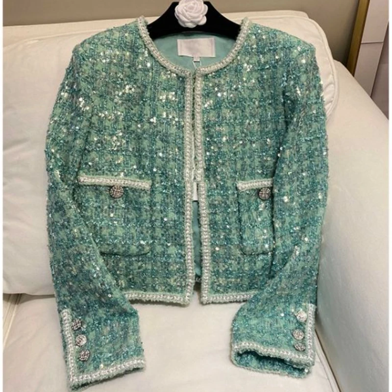 Luxury Coarse Tweed Sequined Blazers Coat Long Sleeve Beaded Suits Jacket High Waist OL Weave Sequins Cardigan Tops Chaquetas