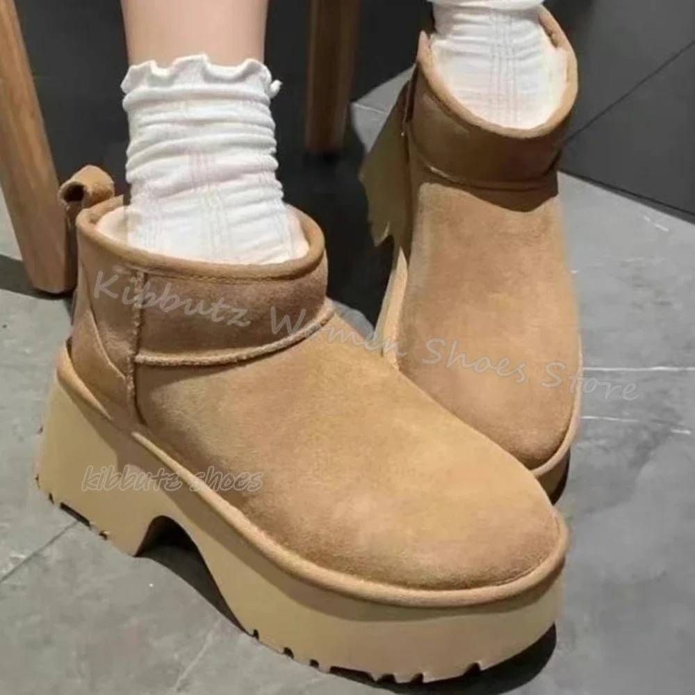 

Зимние ботинки с квадратным носком на платформе, замшевые, пушистые, теплые, элегантные, лаконичные, модные, новинка, однотонная женская обувь без шнуровки с круглым носком, новейшая