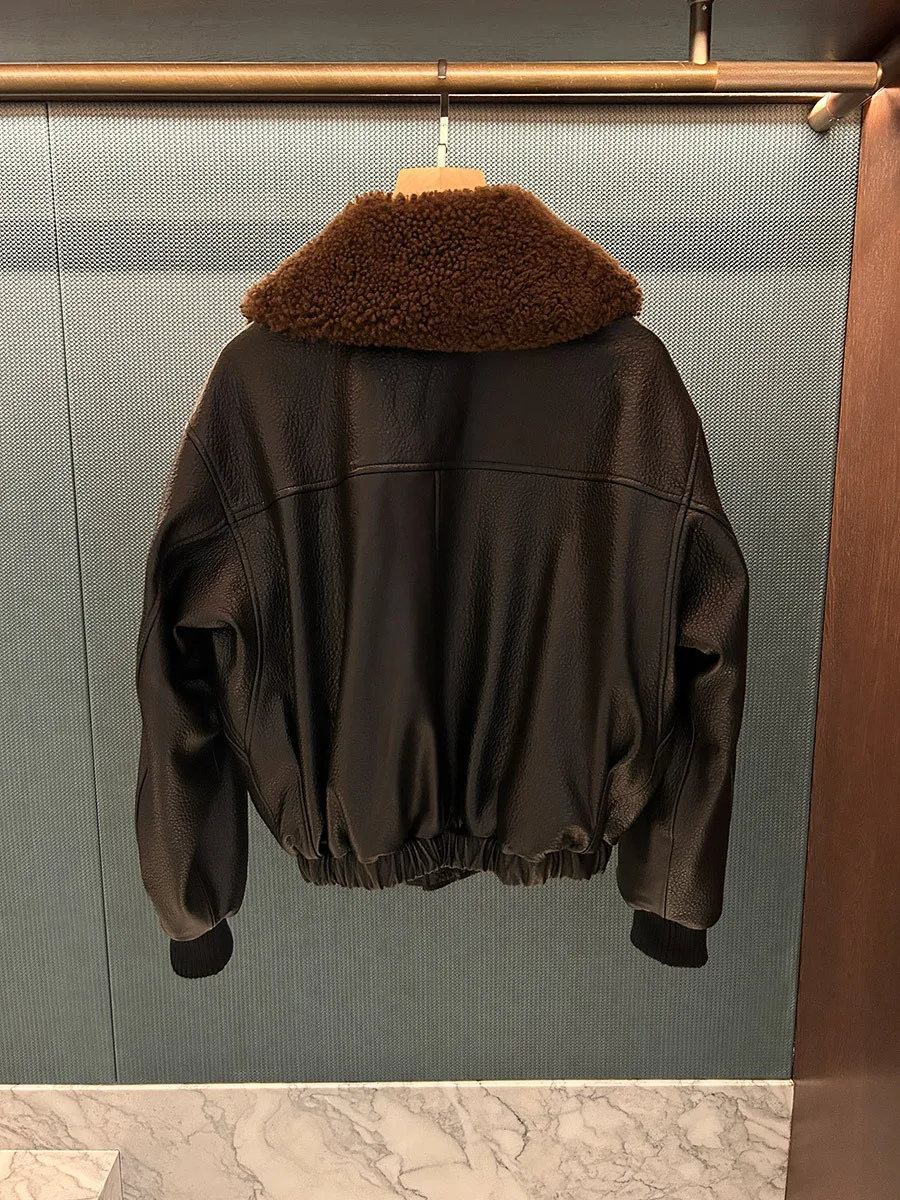 سترة طيار بياقة شيرلينغ على الطراز القديم مع بطانة من الفرو المتكامل #2