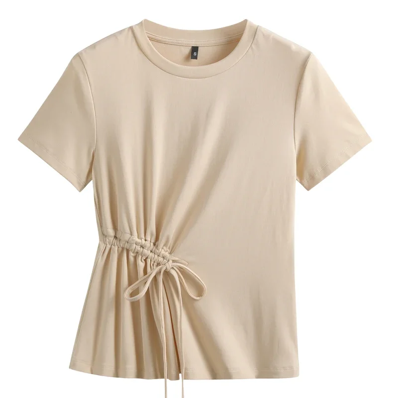 Summer New Short Sleeve T-shirt Side Drawstring Round Neck Cotton Comfortable Fashion Slim Fit Women\'s Top