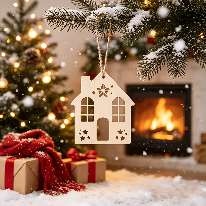 10/20/30pcs Hollow-Out House-Shaped Wooden Holiday Pendants, Hanging Decorations for Winter Christmas, The House and Star Design