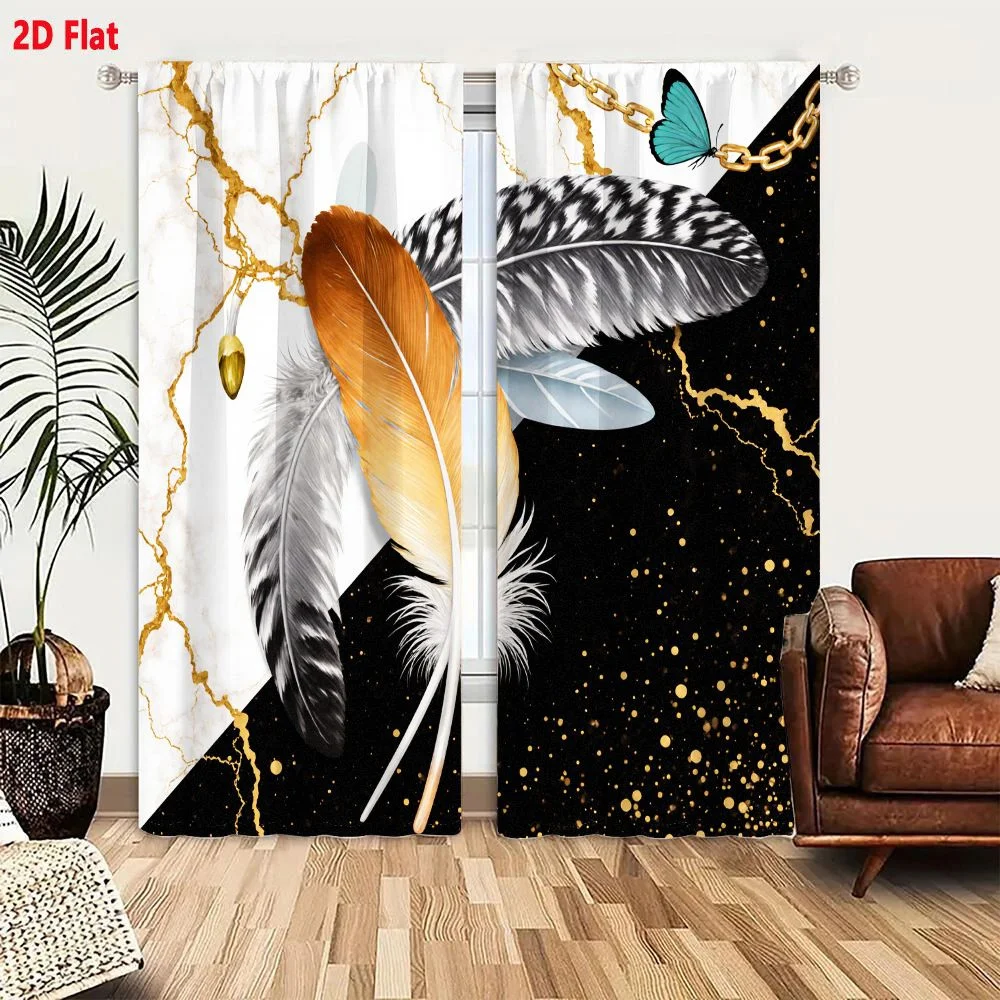 2Pcs Curtains 2D Flat Elegant Artistic Feather Decorative Composition With White Marble Gold Veins Black Gold Dots Turquoise But