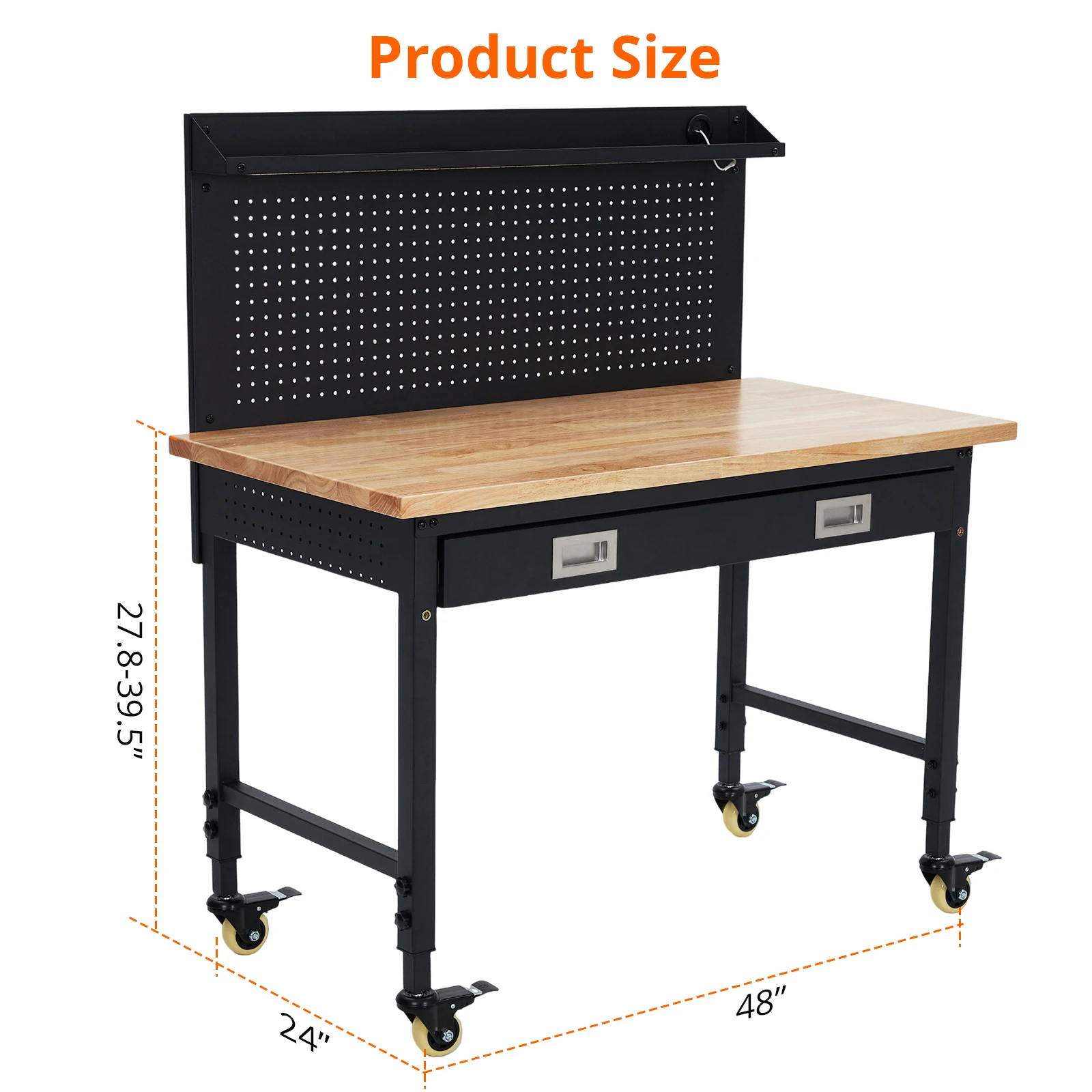 48x24 inch Adjustable Garage Workbench With Pegboard And Drawers,2000 LB Load Capacity,4 Rolling Casters, Power Outlets