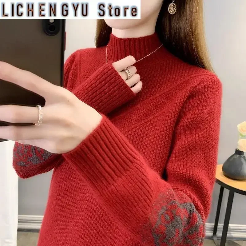 Women's Clothing Autumn Winter Half High Collar Pullover Lantern Long Sleeve Sweater Knitted Geometric Screw Thread Elegant Tops