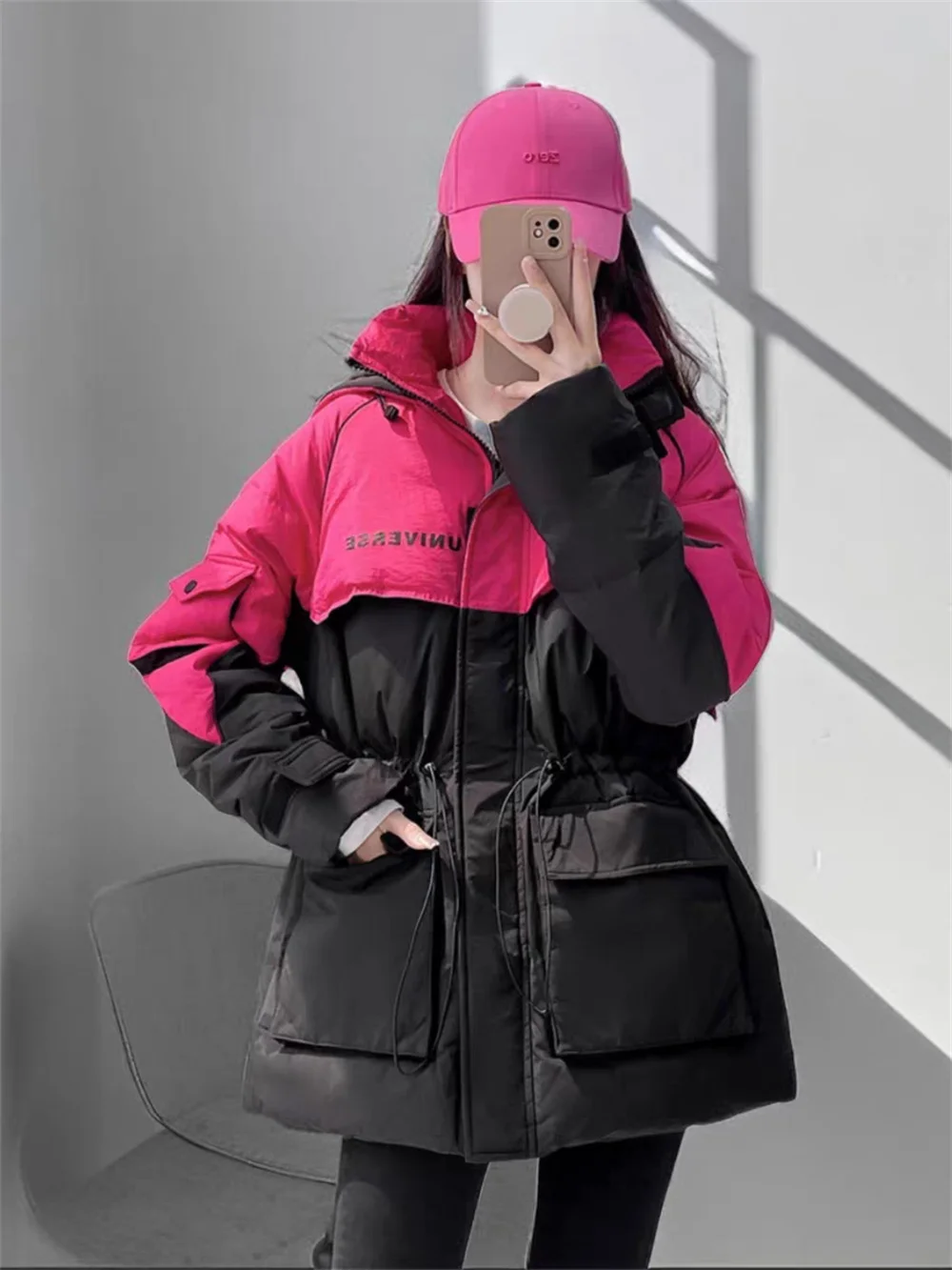 European Hooded Loose and Thickened Warm White Duck Down Drawstring Contrasting Color Mid Length Parker Down Jacket for Winter