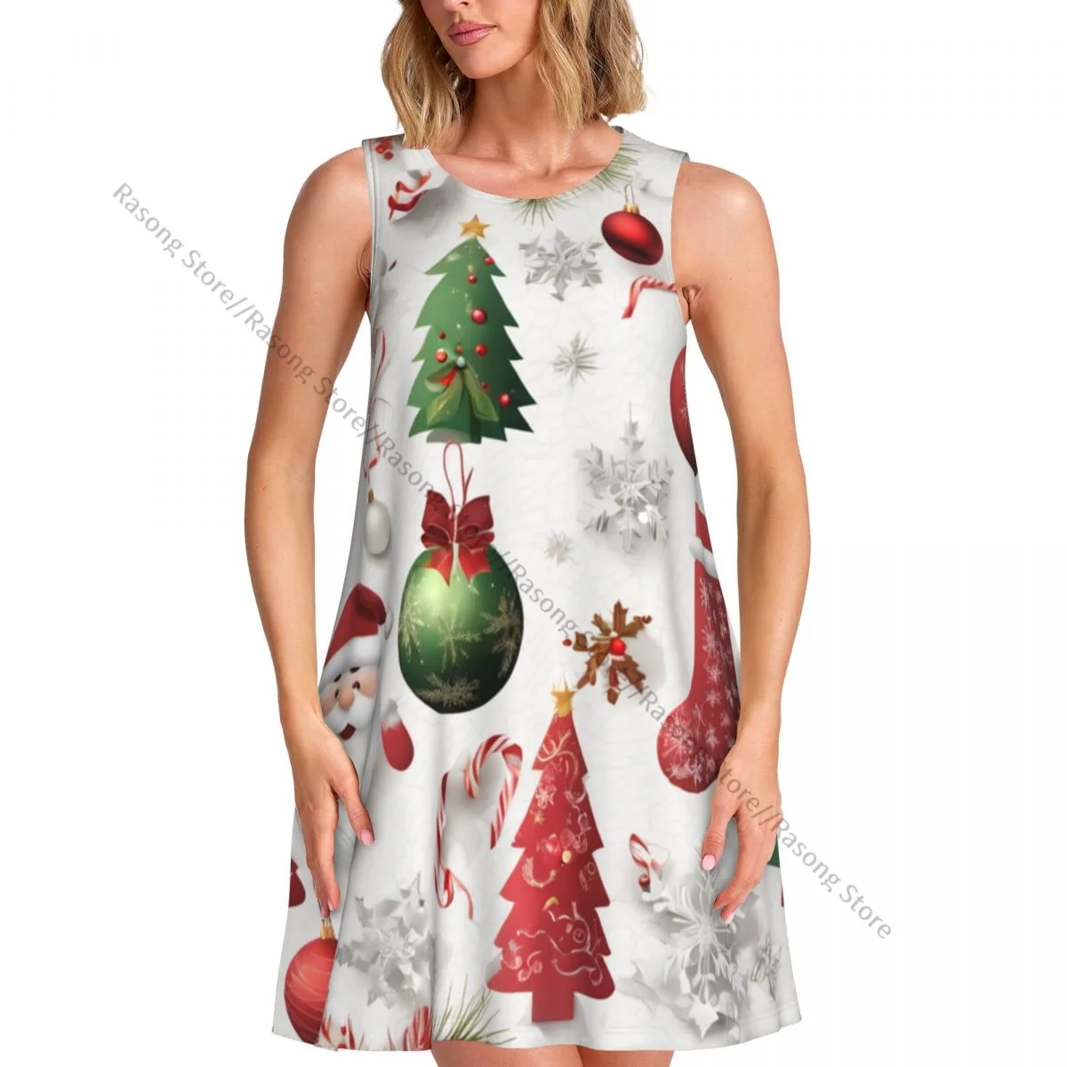 女性のドレスクリスマスツリーサンタクロース雪の結晶要素夏カジュアル Tシャツビーチカバーアップタンクドレス