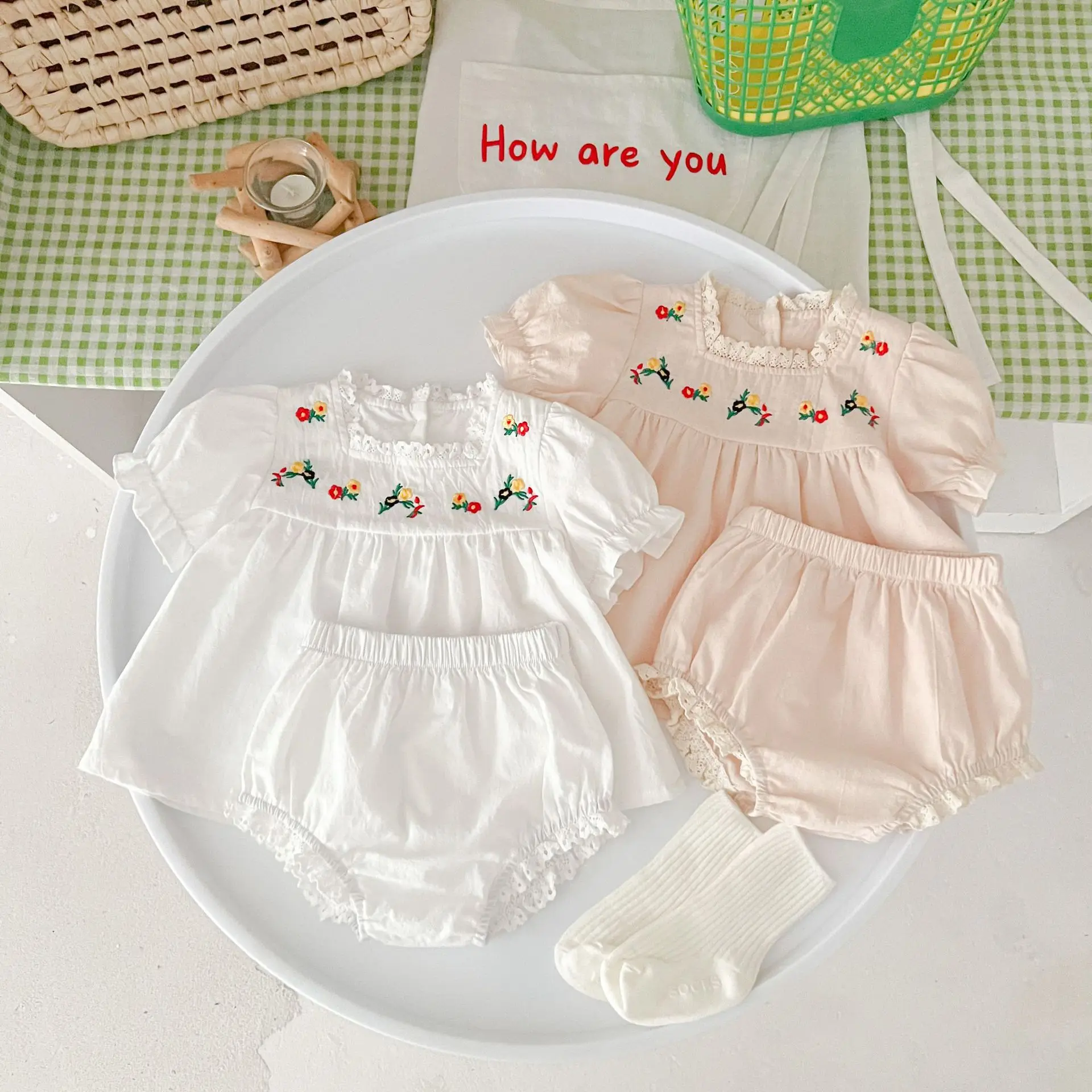 INS Court Style Baby Girl Summer Cotton Short-sleeved Dress Shorts Princess Rompers Baby Clothes Photography Outfit Set