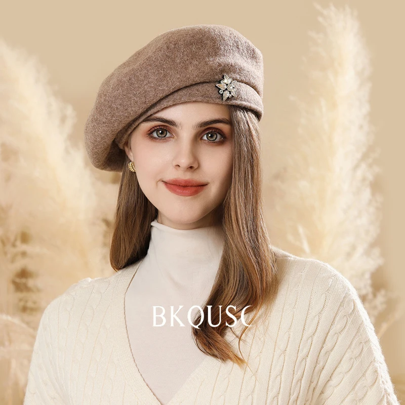 Rhinestone Star Women Beret Hats British Ladies Retro Woolen Beret Casual Painter Hats Woman Luxury Hats Winter Warm Artist Cap