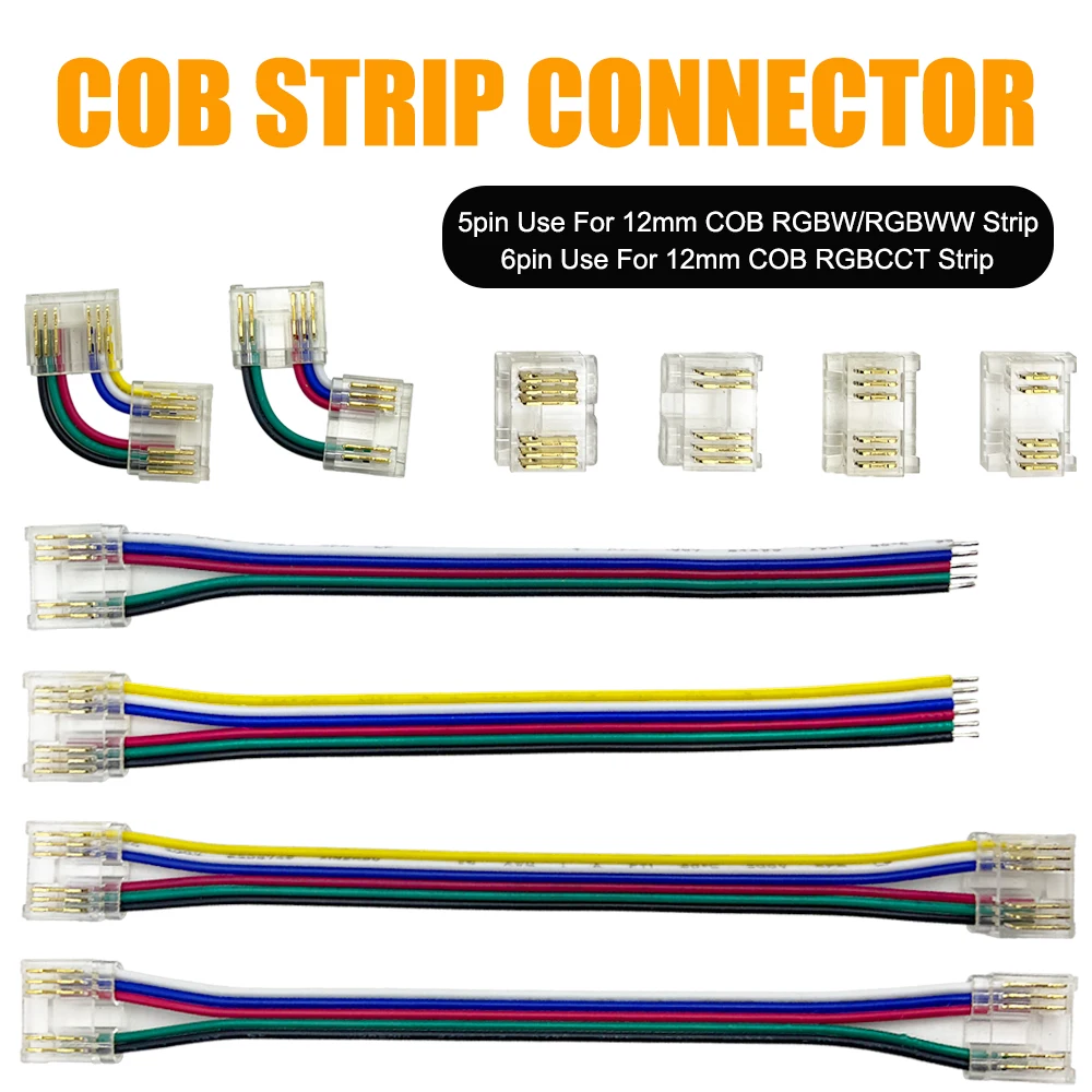 5Pin 6Pin COB Connector Transparent Clip Welding-Free Quick Connection Buckle Solderless Terminal For 12mm RGBW RGBCCT LED Strip
