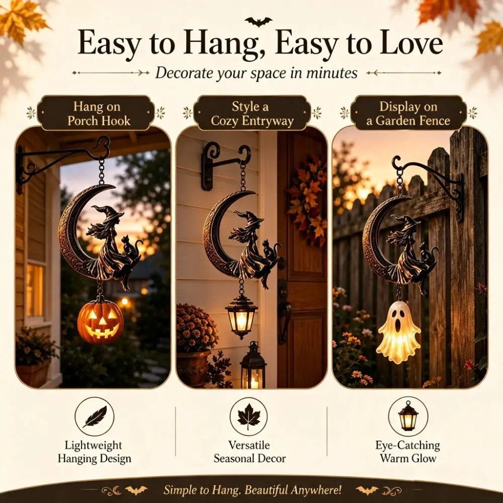 Solar Powered Moon Witch Lantern Rustproof Metal Vintage Witch on Moon Lantern LED Durable Metal Outdoor Solar Lantern Halloween