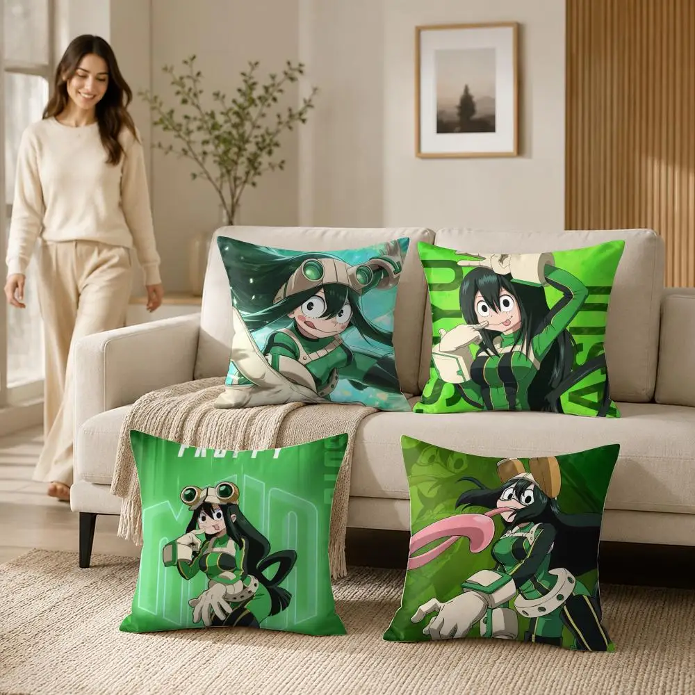Housse de coussin Froppy T-Tsuyu A-Asui, en peluche courte et douce, impression double face, décoration de la maison, taie d'oreiller lavable en machine, cadeau