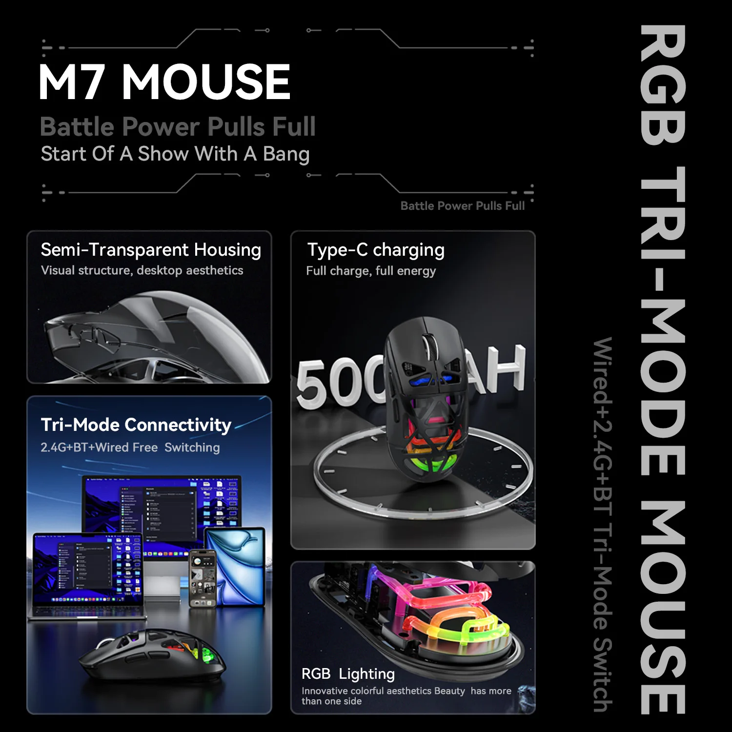 JITE M7 Triple Mode Wireless Gaming Mouse, Bluetooth/2.4G/Wired with RGB Cooling Light, Lightweight Ergonomic Design for PC Lap