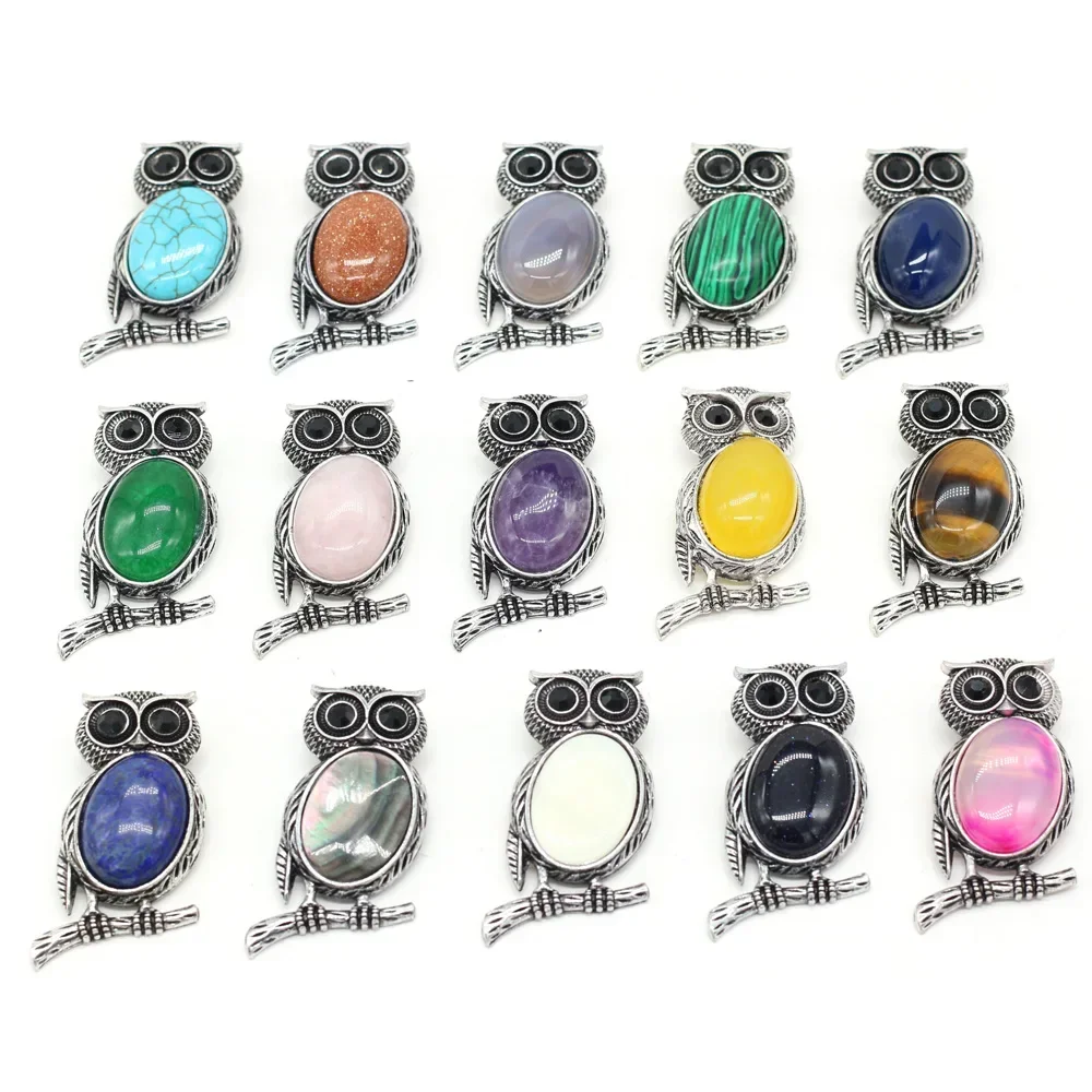 

7PCS Natural Stones Amethyst Agates Jade Alloy Animal Owl Pendant For Jewelry Making DIY Necklace Earring Accessories Charm Gift