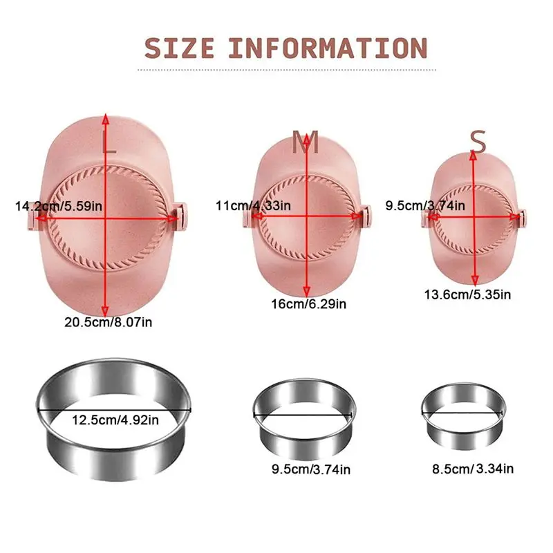 ABUN Dumpling Maker Set, Empanadas for Press Mold with Cutter, 3 Sizes, Food Grade Plastic Stainless Steel, Pink, Kitchen Tool
