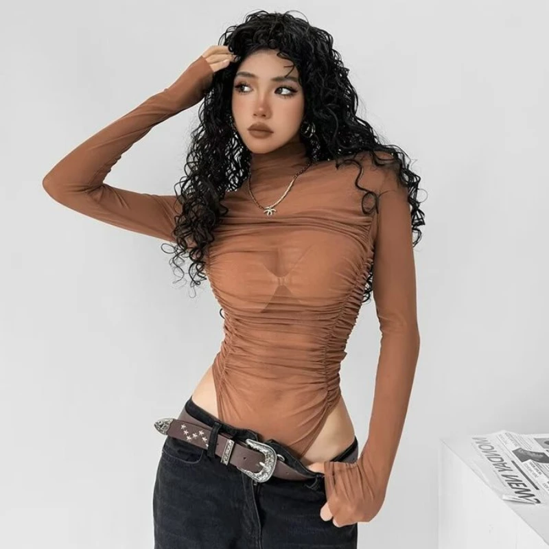 Women American Vintage Long Sleeve Bodysuit-Sheer Mesh Ruched Slim Fit High-Waisted T-Shirt Y2K Hot Girl Chic Top Spring Summer