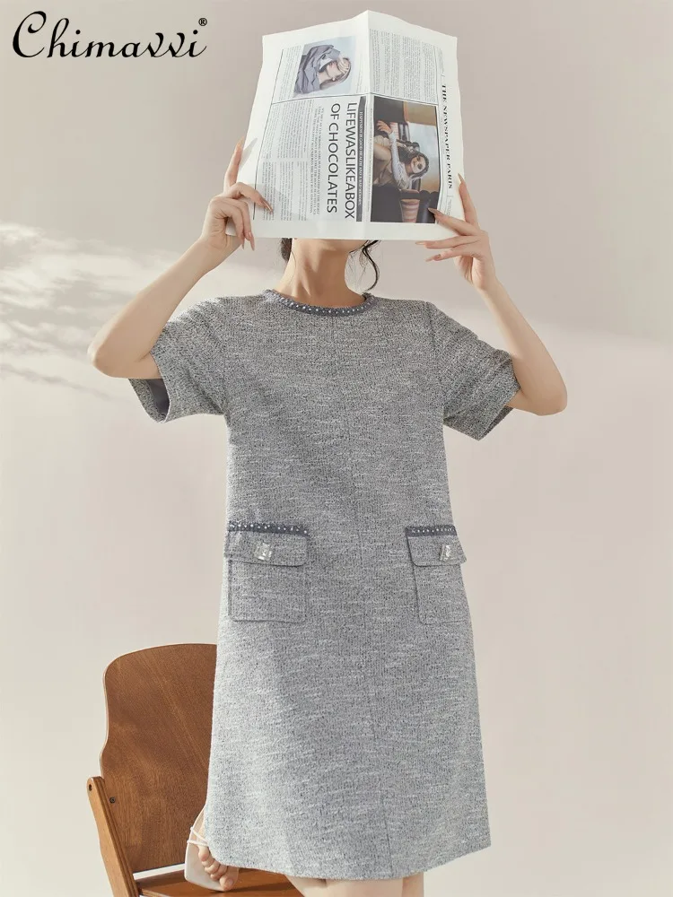 

French Style Elegant Temperament Socialite Grey Dresses Beaded Round Neck Short Sleeve Straight Simple Casual Summer Dress Women