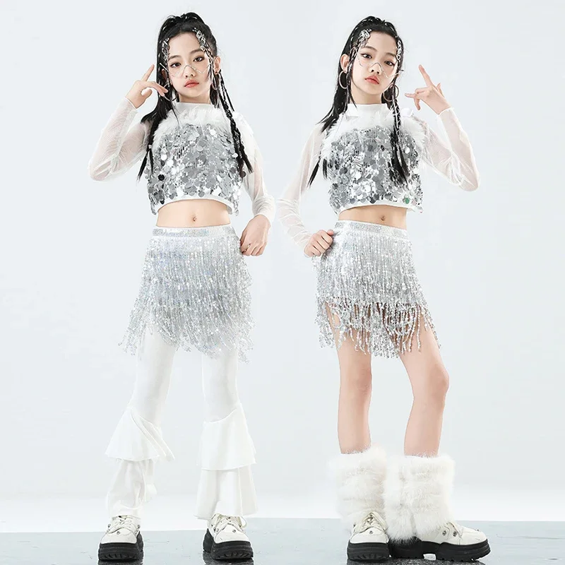

Fashion Jazz Dance Costume Children Silver Sequin Dance Suit Girl Kpop Stage Outfit Runways Show Performance Dancewear