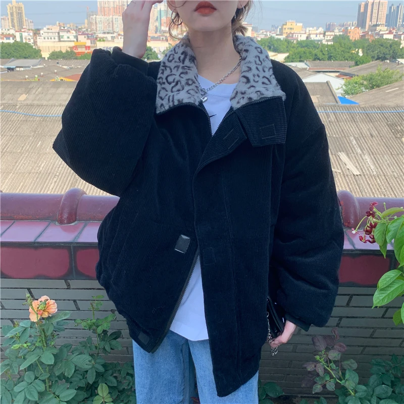 

Women Vintage Coats Corduroy Warm Loose Casual Jacket New Fall Winter Leopard Patchwork Female Outwear Elegant Tops Korean