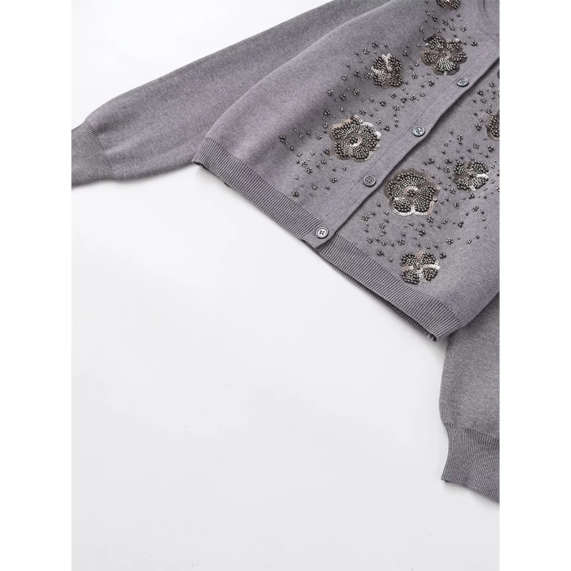 2026 Fashion Front Sequins And Beads Gray Knit Cardigan For Women Single Breasted O Neck Casual Short Outerwear