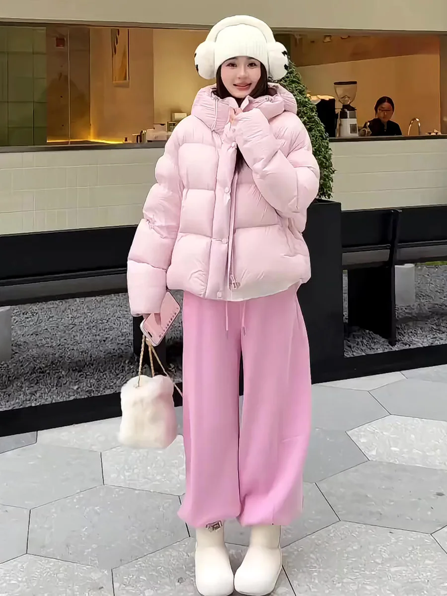 

Новая женская зимняя свободная теплая куртка-пуховик Sweet Sle Pink с капюшоном на молнии, дизайн White Du Down