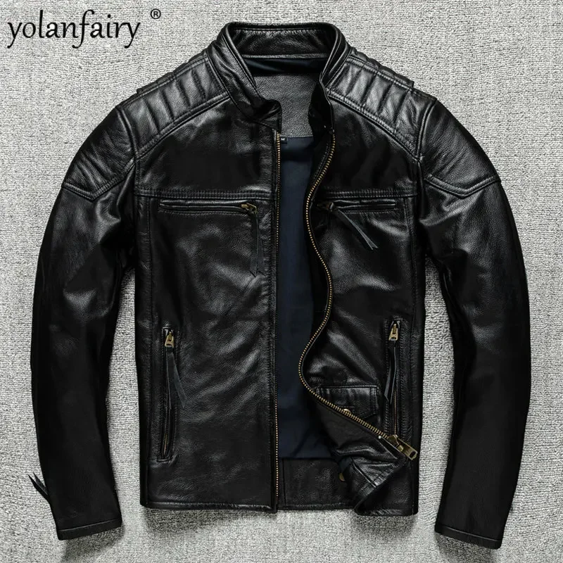 

Top Layer Cowhide Motorcycle Jackets Men Stand Collar Genuine Leather Jacket Men's Coats 2023 Spring Clothing Male Chaqueta Moto