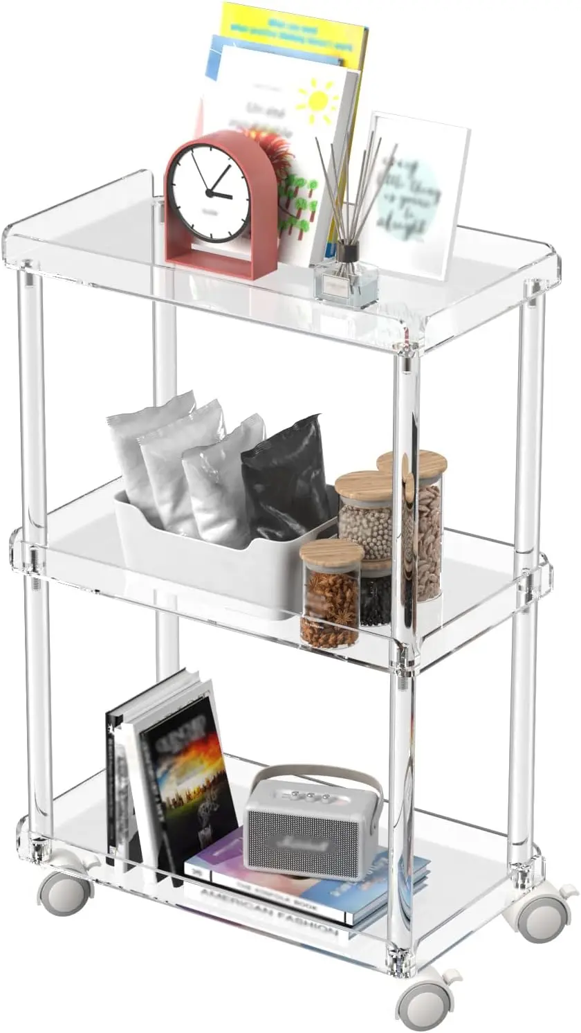 

Acrylic Slim Storage Cart - 3 Tier Utility Rolling Cart - For Kitchen, Bathroom, Living Room, Laundry, Narrow Places - 15.6'' L
