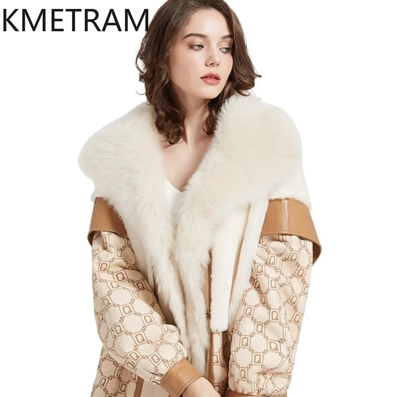 

KMETRAM Natural Tuscany Sheepskin Wool Fur Coat Beige Luxury Clothing 2025 Winter Mid Length Women's Fur Jacket fourrures femmes