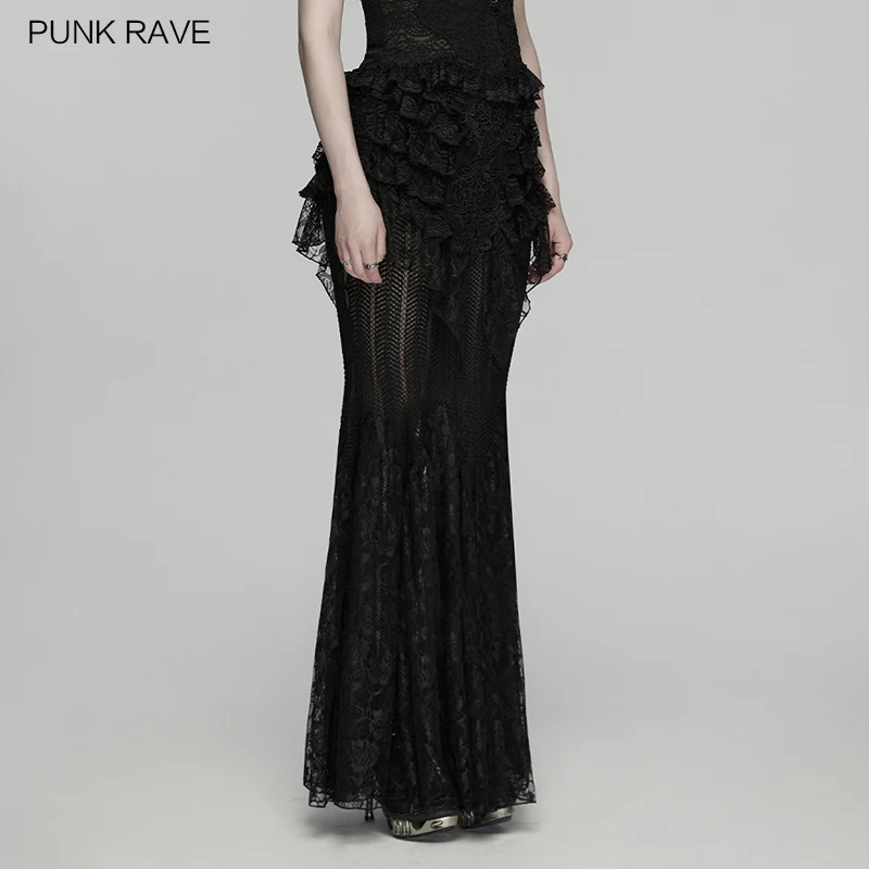 PUNK RAVE Women's Gothic Symmetrical Rose Pleats Lace Skirt Visual Layers Romantic Dark Aura Club  Long Skirts