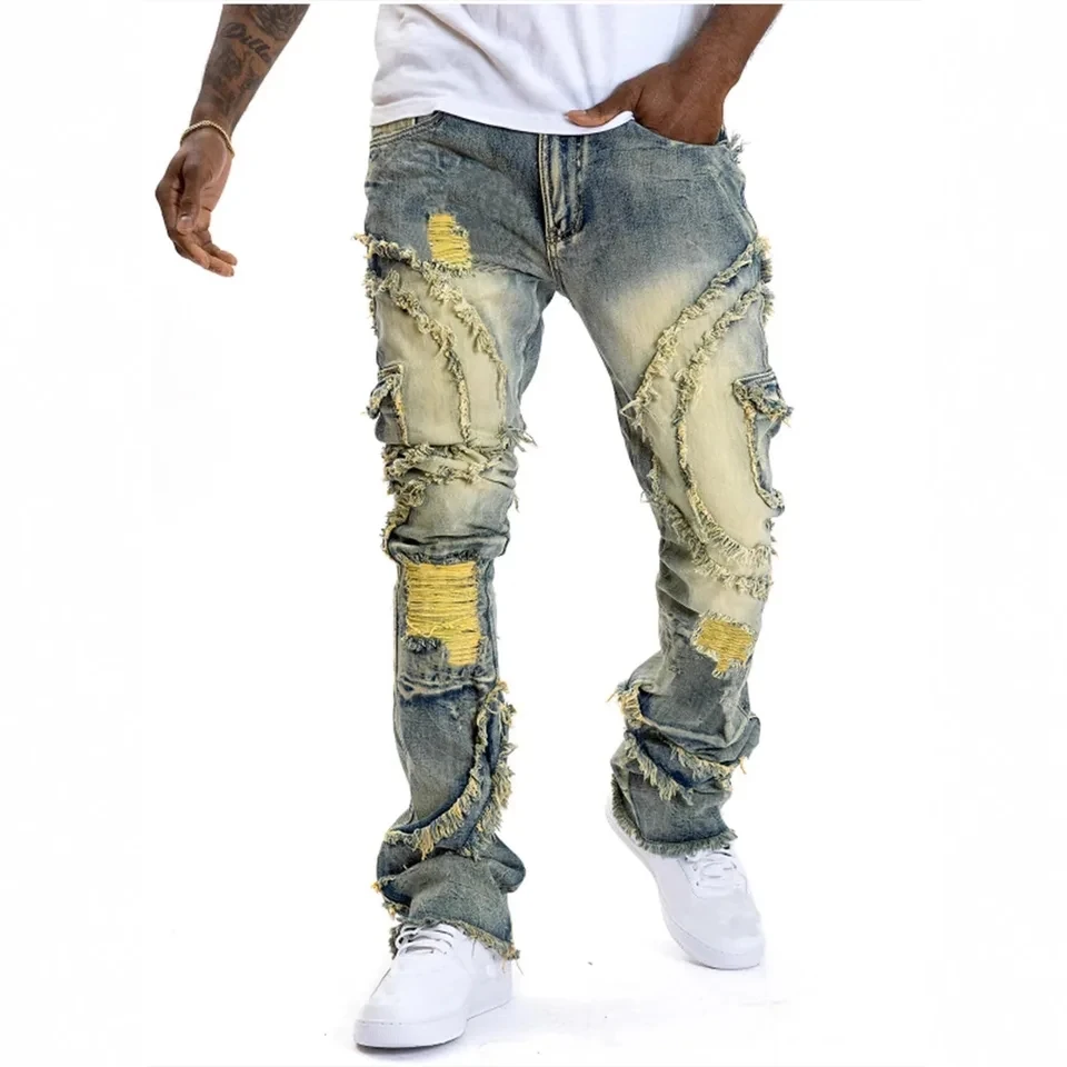 2026 Spring New Men Denim Pants Ripped Flare Tassel Elastic Fashion Elegant Design Casual Long Jeans