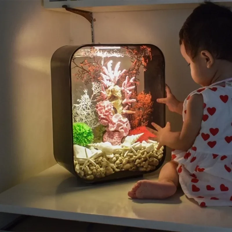 Small desktop ecological water - free fish tank, living room goldfish viewing aquarium, household aquatic landscape