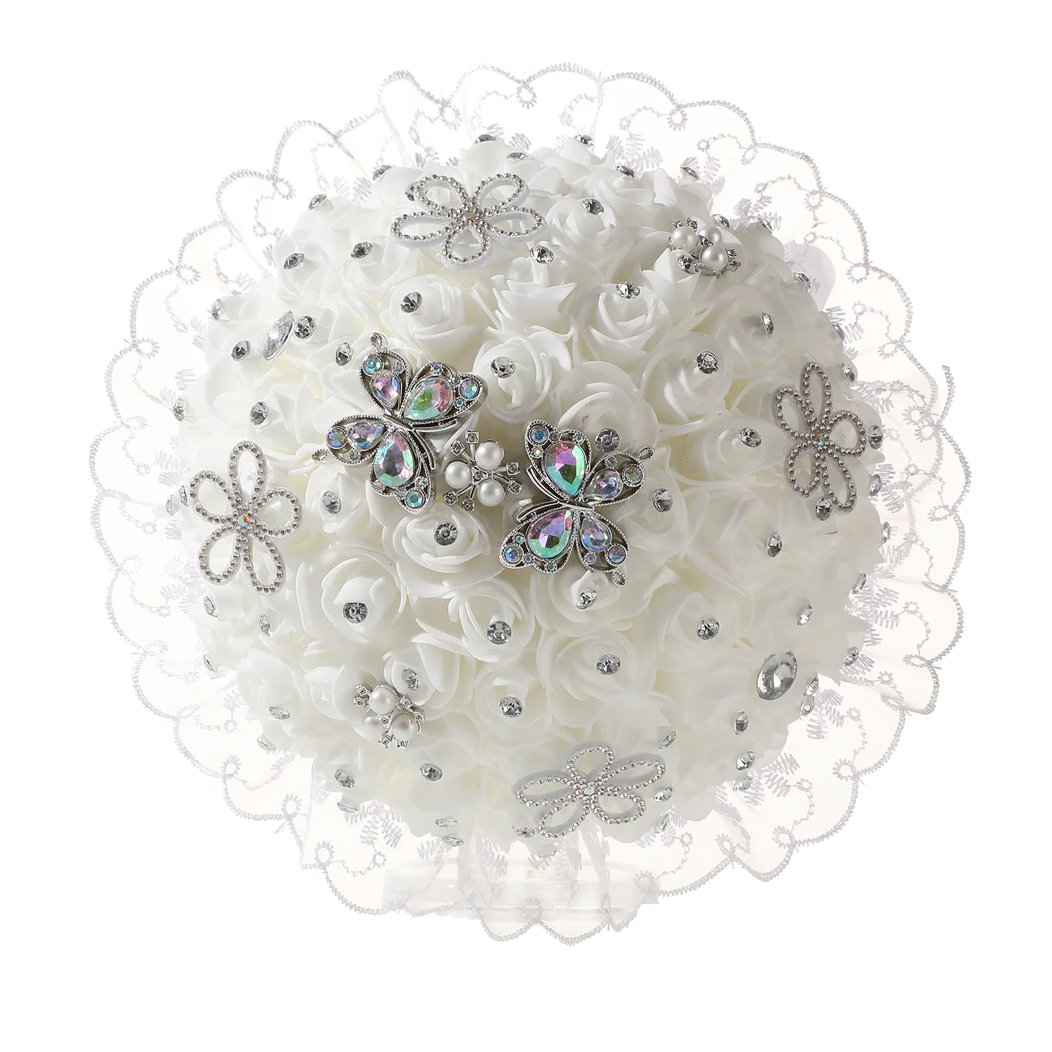 White Foam Rose Bridal Bouquet with Rhinestone Flower Ornaments, Lace Trim and Long Satin Streamer Handle image 2