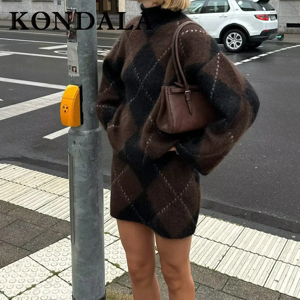 

KONDALA винтажный клетчатый женский осенний вязаный костюм 19220, элегантный свитер большого размера + мини-юбка с эластичной резинкой на талии, рождественский женский комплект