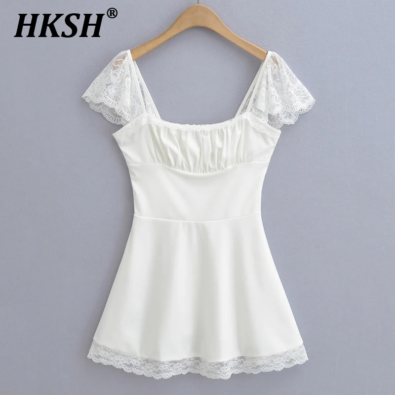 HKSH صيف جديد إمرأة أنيق الحلو المد الداكن الفرنسية الشارع الشهير فستان كاجوال Ins مثير الدانتيل لوحة الخصر يتقلص تنورة قصيرة HK5179