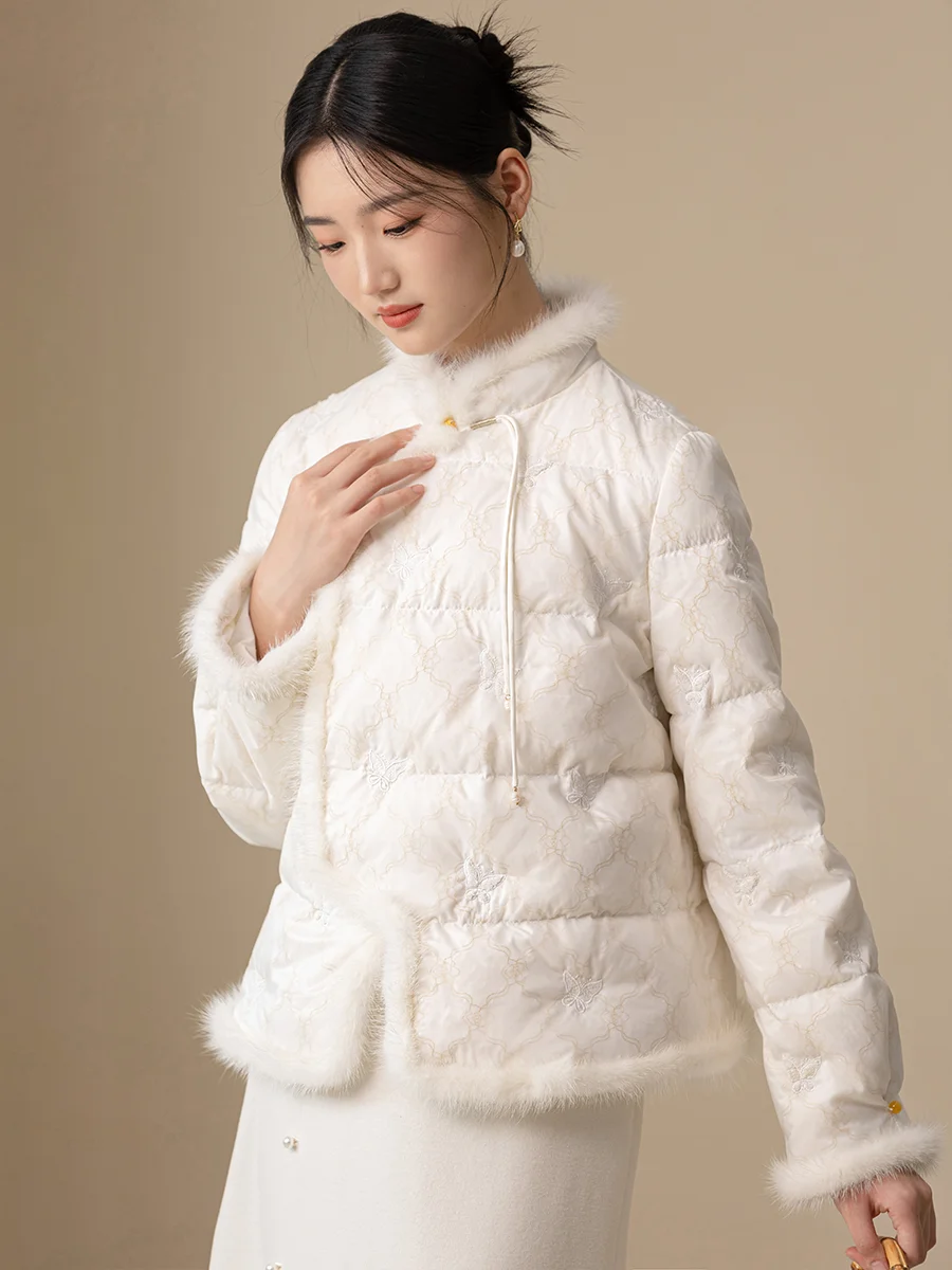 

Autumn Winter Thiened Du down Jaet Embroidered Collar Stand up Collar Women's Coat Chinese Sle ort pe