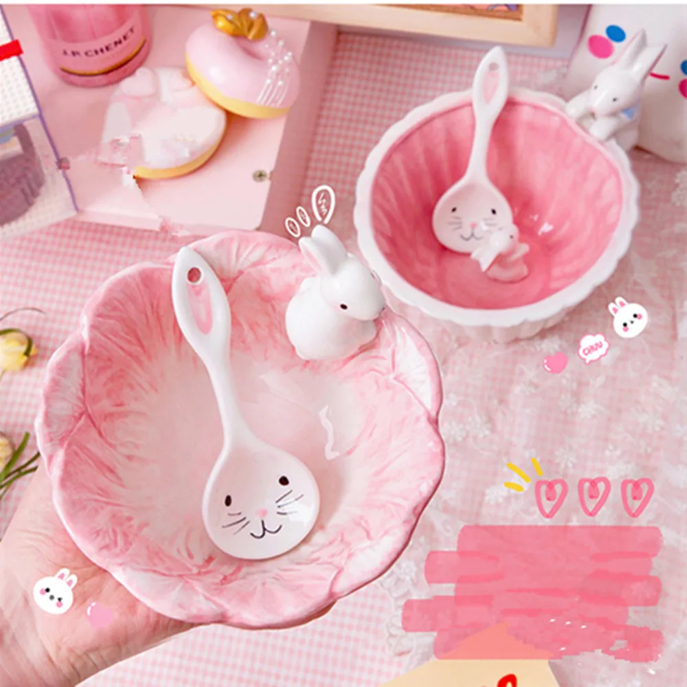 400ML Cartoon Rabbit Salad Bowls Soup Ceramic Bowls Spoon Cute Cereal Fruits Porcelain Bowls For Girls Kids Gift