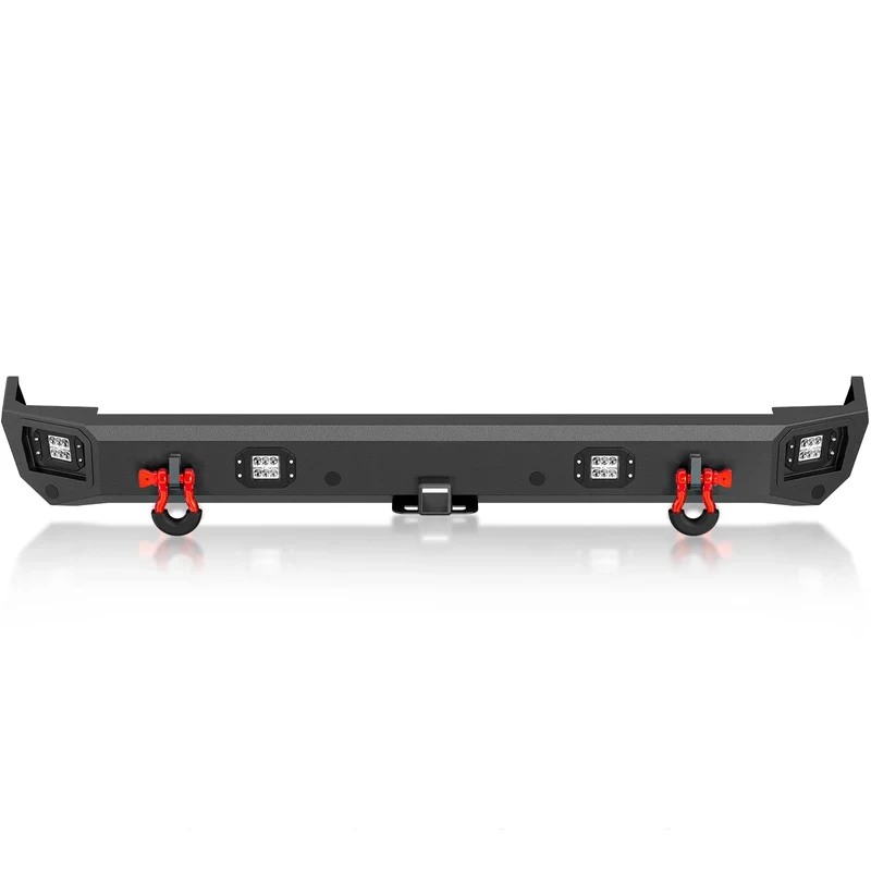 High Quality Textured Black Rear Bumper with 2 Inch Hitch Receiver, Sensor Holes & 18W Lights, Offroad Exterior Accessories